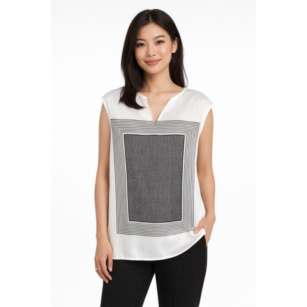 Ann Taylor White Black Geometric V Neck Cap Sleeve Blouse Top S‎ Preppy 51-19